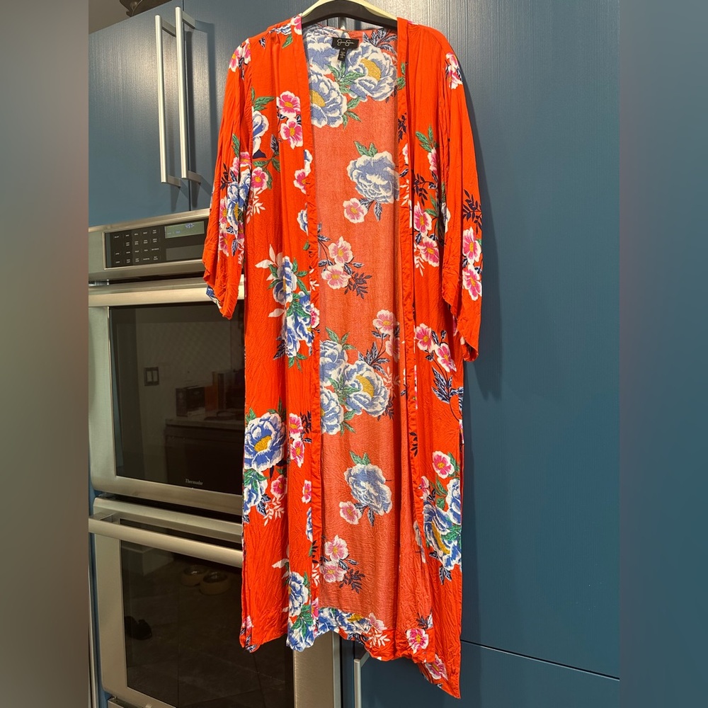 Jessica Simpson Floral Kimono - Vibrant Orange and Blue